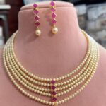 Elegant 5-Layer Pearl Necklace Set with Ruby Stone Pendant & Earrings