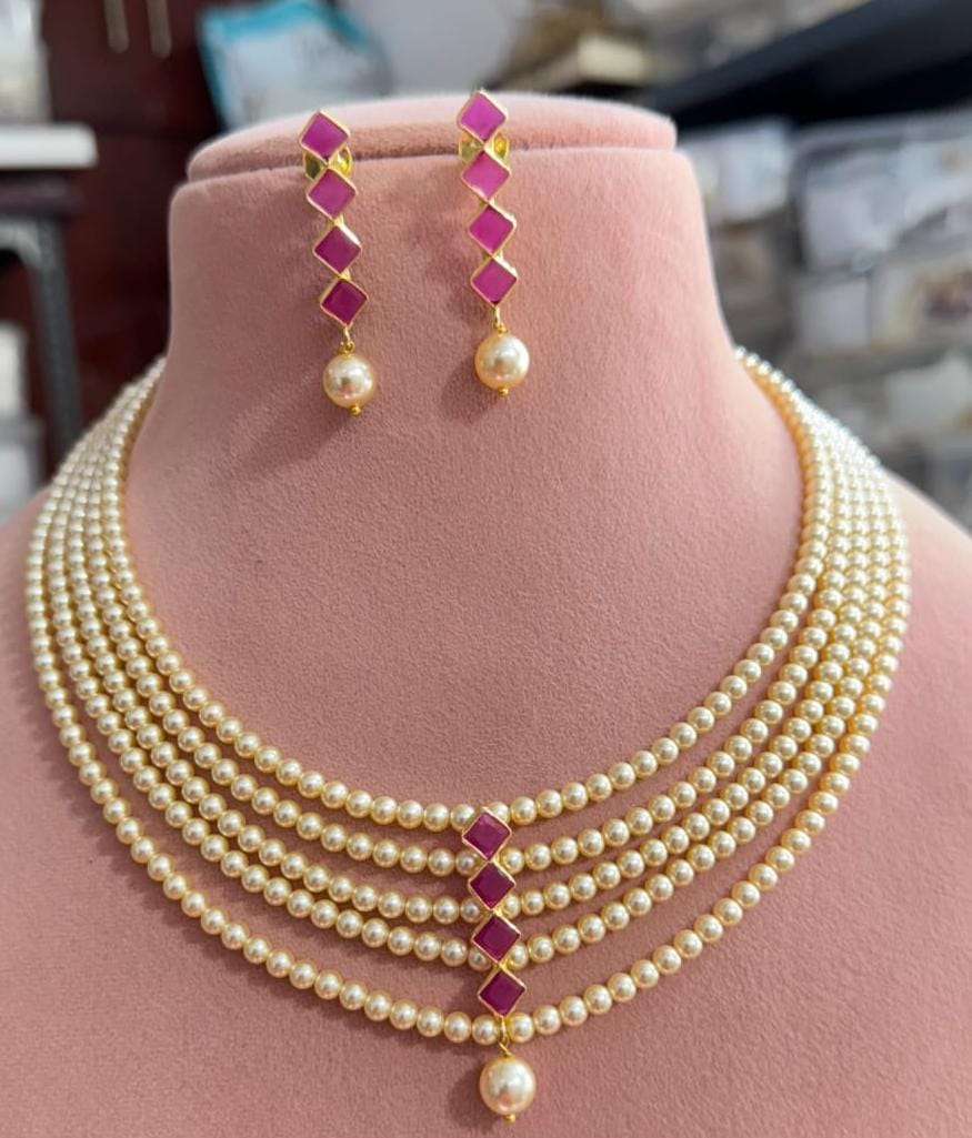 5layer-pearl-necklace Elegant 5-Layer Pearl Necklace Set with Ruby Stone Pendant & Earrings - Image 1