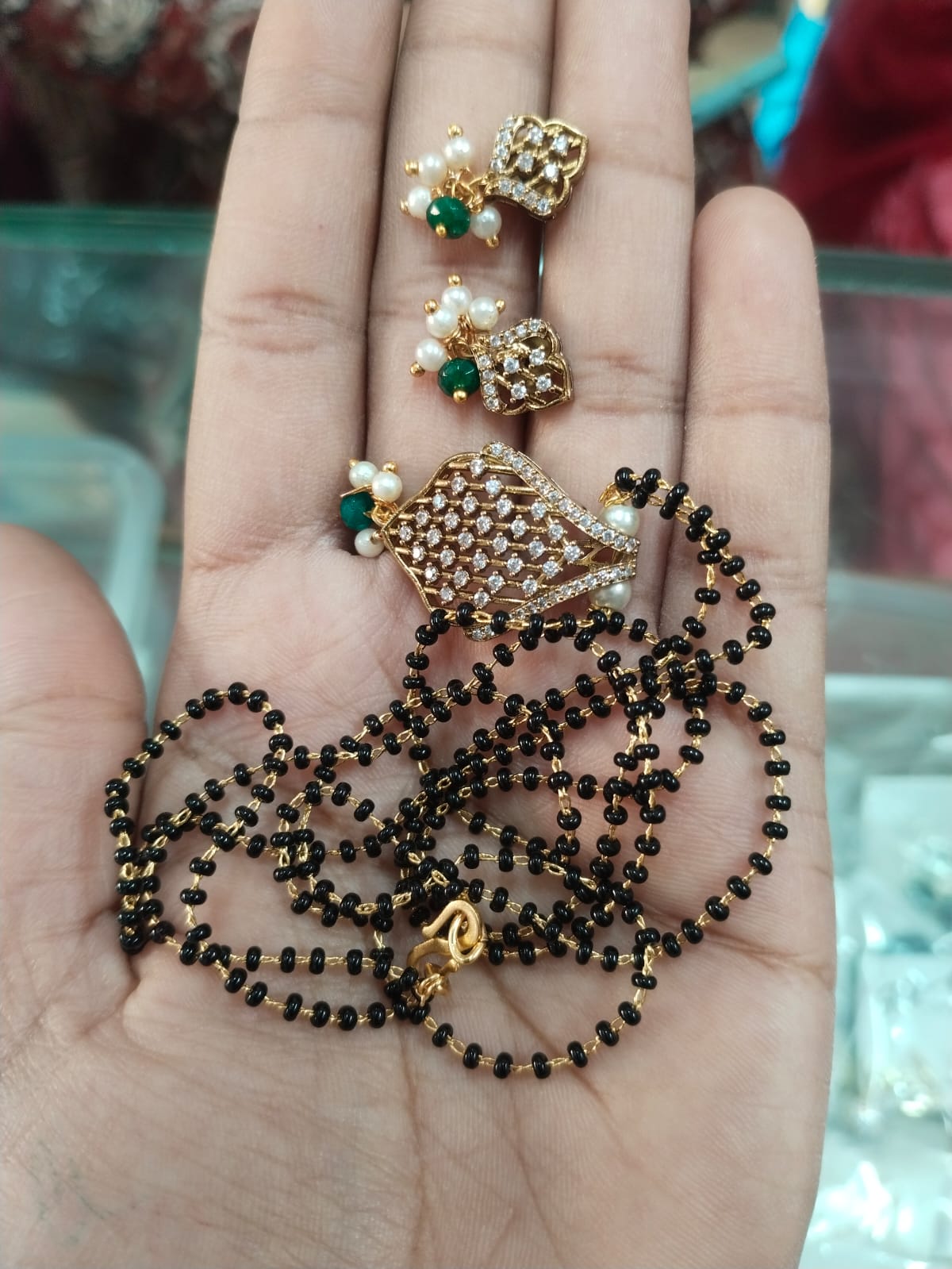 BB1 Black Bead Chain Pendant Set with CZ, Pearls & Green Beads - Image 1
