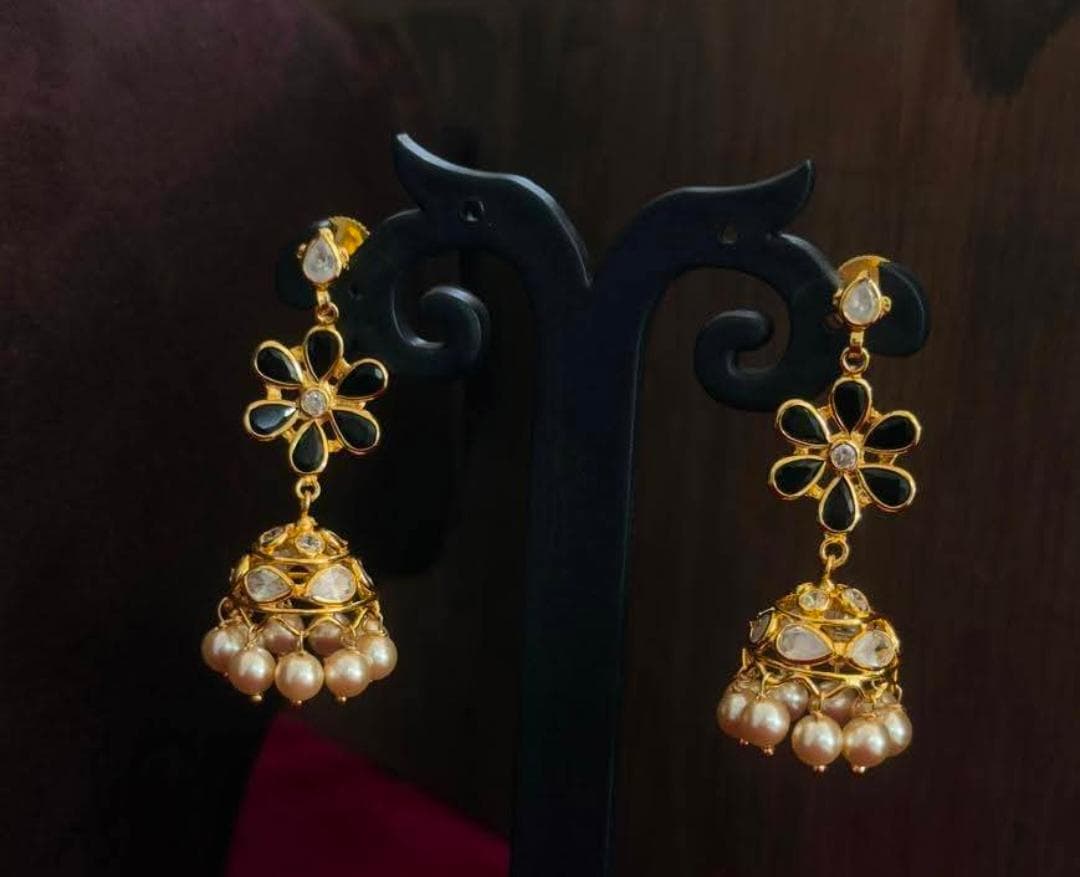 Jhumkas1 Elegant Black Floral Jhumka Earrings with Pearls – Gold Finish - Image 1
