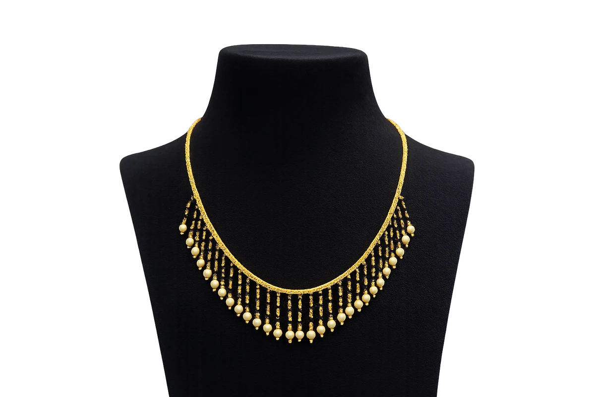 black-beads-dangling-design Elegant Gold Plated Necklace with Black Bead & Pearl Dangling Design - Image 1