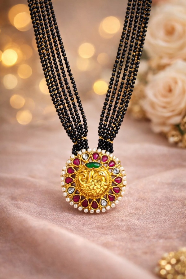 black-beads-peacock-pendant Traditional Black Beads Peacock Pendant Necklace - Image 1