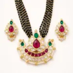 Traditional Kundan Ruby Pendant Set with Black Beads & Matching Earrings