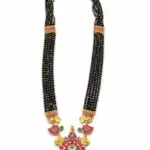 Traditional Black Bead Necklace with Ruby & Green Stone Temple Pendant