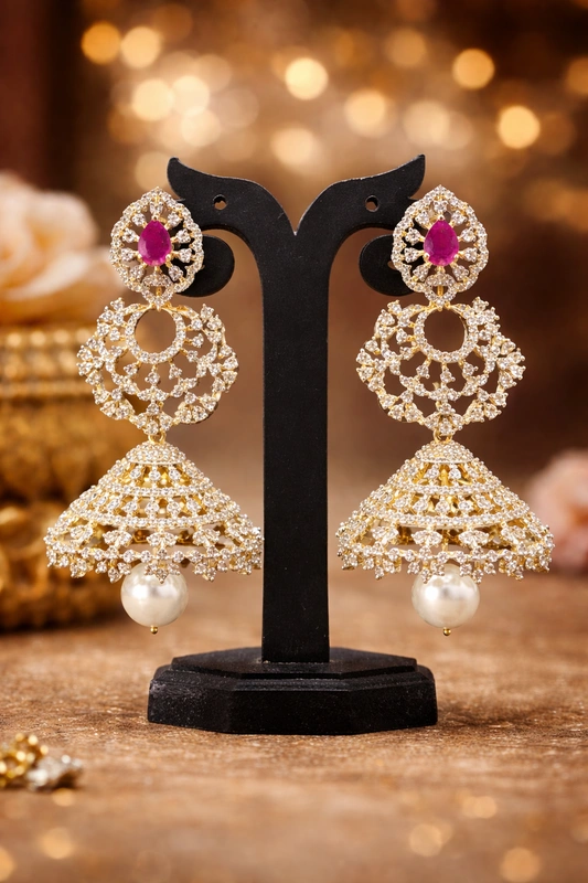 cz-ruby-jhumka-with-pearl-drop Royal CZ Ruby Jhumka Earrings with Pearl Drop - Image 1