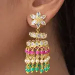 Floral CZ & Pearl Green-Pink Beaded Jhumka