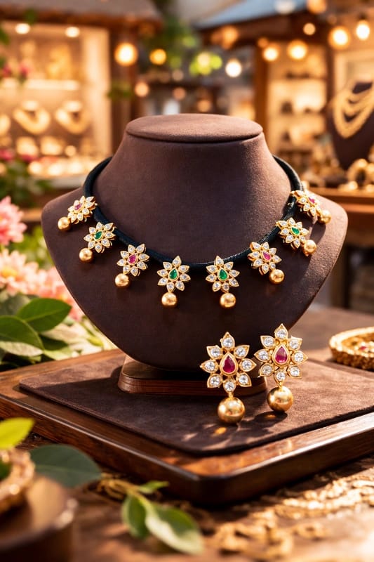 floral-necklace-set-with-pearl-drops Beautiful Floral Kundan Necklace Set with Pearl Drops - Image 1