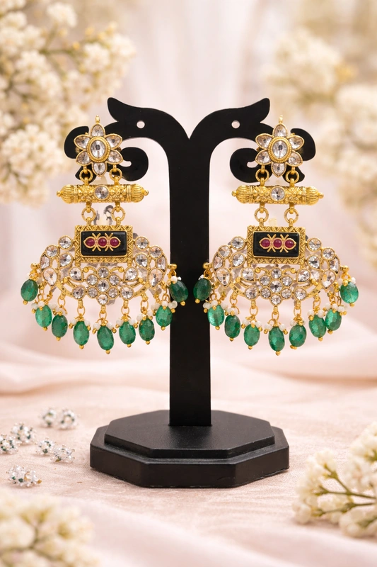 green-bead-statement-jhumka-earrings Traditional Kundan Green Drop Chandbali Jhumka Earrings - Image 1