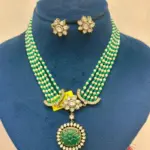 Green Beaded Pearl Necklace Set with Kundan Pendant & Stud Earrings