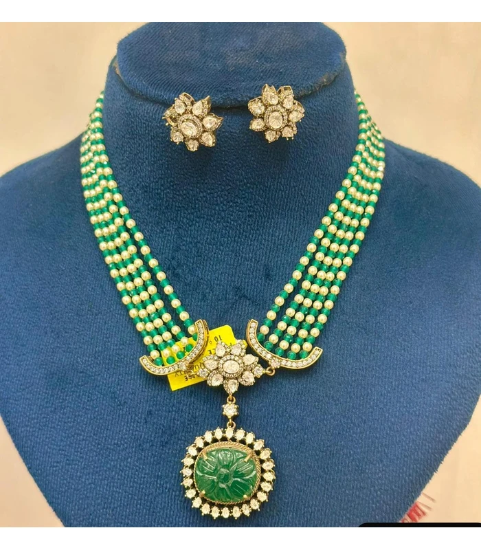 green-pearl-pendant-set Green Beaded Pearl Necklace Set with Kundan Pendant & Stud Earrings - Image 1