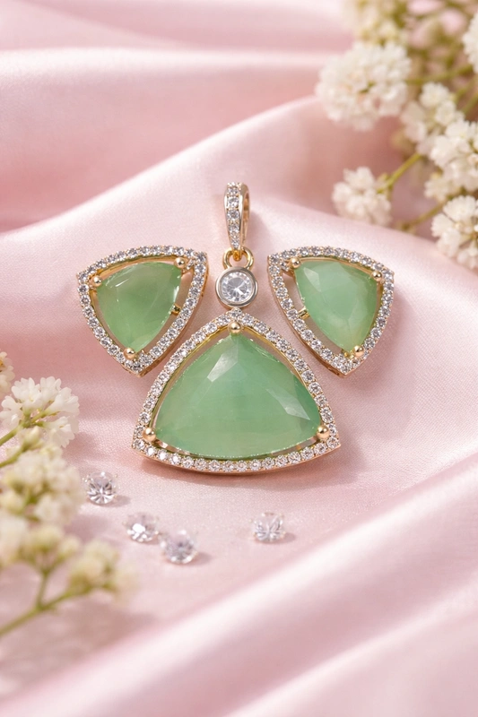 green_cz_pendant_set_and_earrings Designer Green Stone CZ Pendant & Stud Earring Set - Image 1