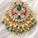 Jadau Kundan Emerald & Ruby Tone Pendant With Pearl Drops
