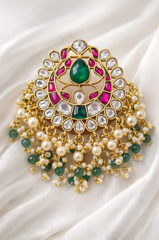 jadau-kundan-emerald-pearl-pendant Jadau Kundan Emerald & Ruby Tone Pendant With Pearl Drops - Image 1