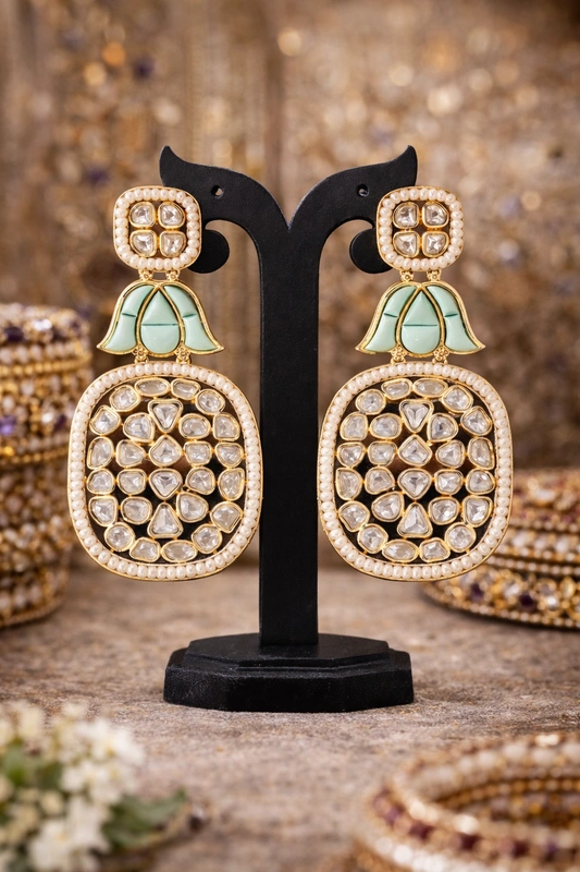 kundan_earrings Mint Green Lotus Kundan Statement Earrings - Image 1