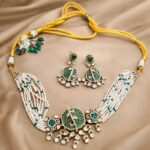 Elegant Moissanite Stone Choker Set with White Pearl Strands & Green CZ Accents