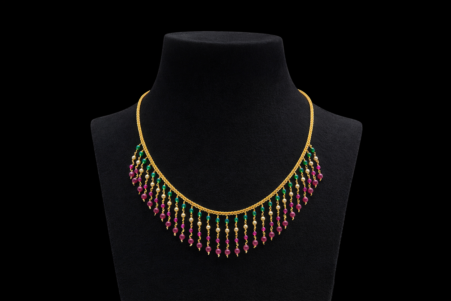 multi-color-beads-dangling-design-768x512 Elegant Multi-Color Beaded Gold Plated Necklace with Cascading Fringe Design - Image 1
