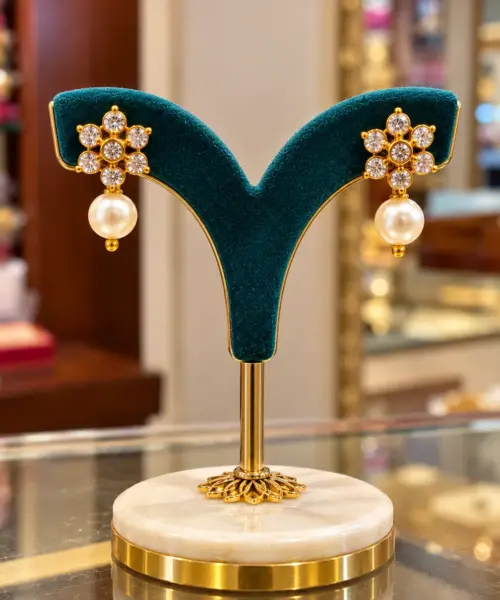 Elegant Panchaloham Floral Ear Studs with Stone Accents