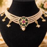 Elegant Pearl Choker with Green & Pink Stone Pendant