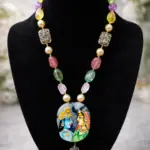 Tanjore Painting Radha Krishna Pendant Necklace with Multicolour Beads