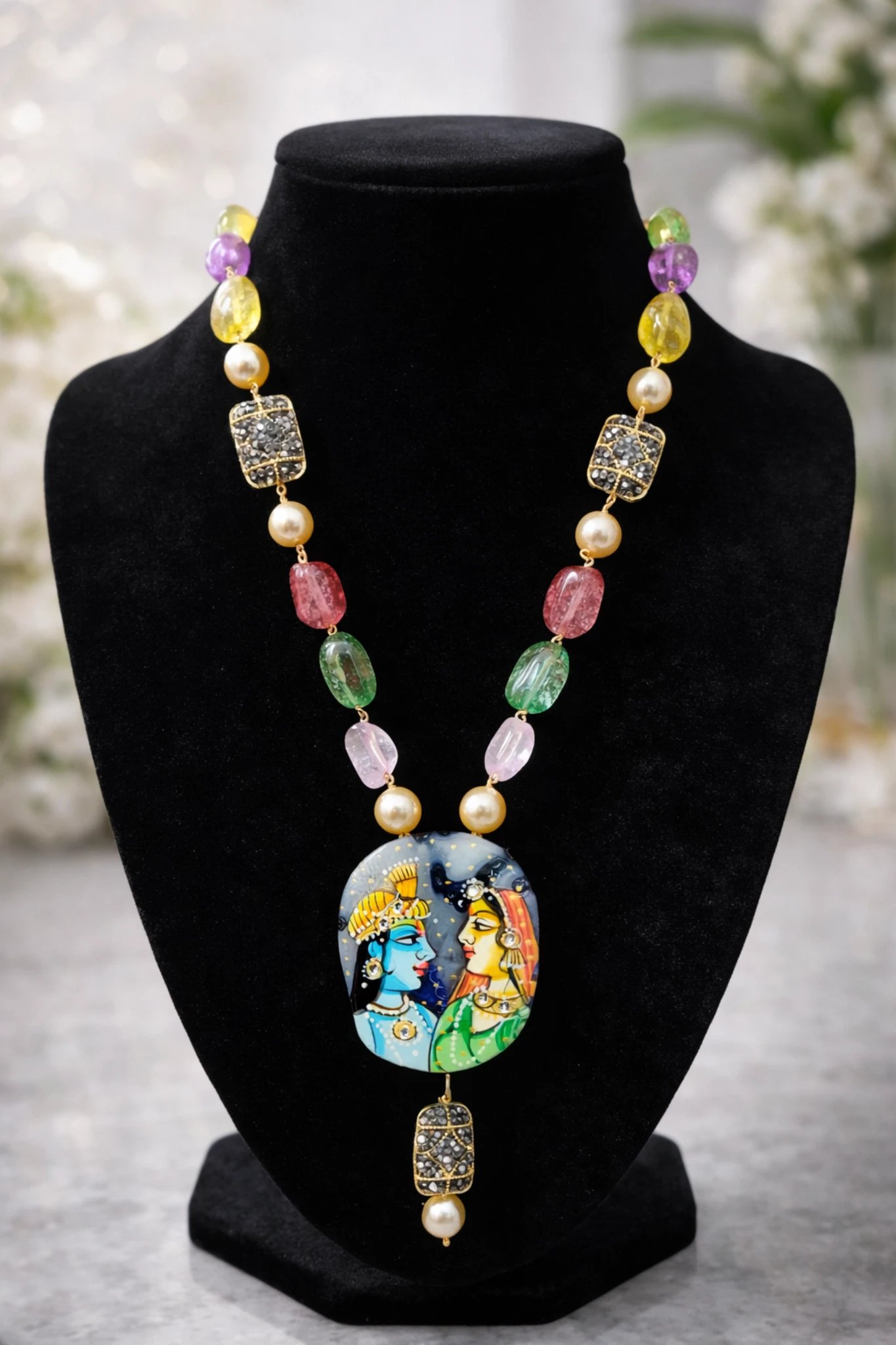 radha_krishna_pendant_necklace Tanjore Painting Radha Krishna Pendant Necklace with Multicolour Beads - Image 1