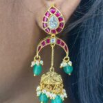 Royal Jadau Kundan Chandbali Earrings with Ruby Stones & Green Bead Drops