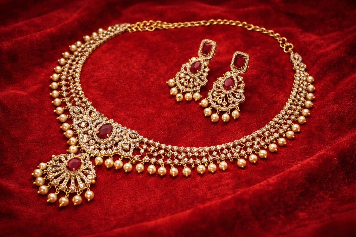 royal-ruby-tone-necklace-set-with-pearl-drops Royal Ruby-Tone Stone Necklace Set with Pearl Drops - Image 1