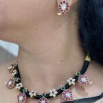 Traditional Black Dori Necklace Set with Ruby & Emerald-Tone Motifs