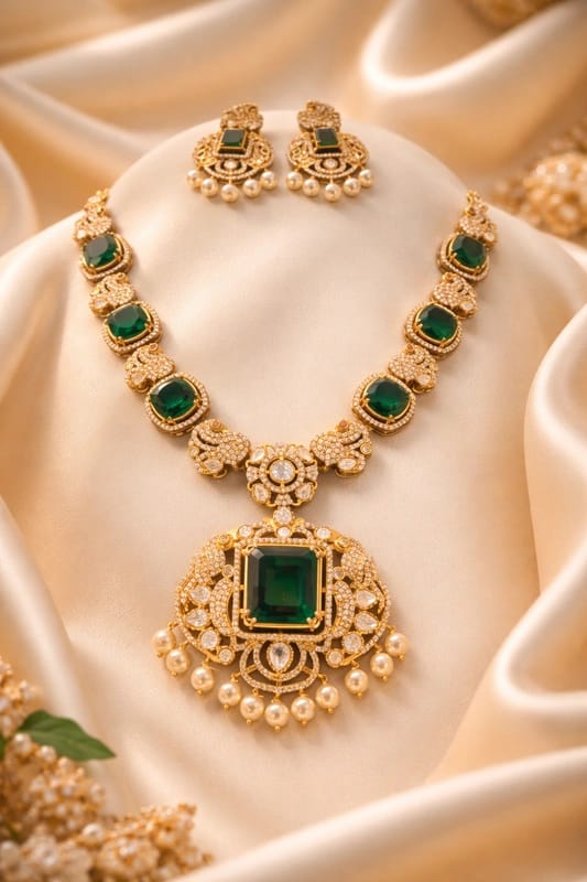 victorian-polish-emerald-green-necklace-set Victorian Polish Emerald Green Statement Necklace Set with Pearl Drops - Image 1