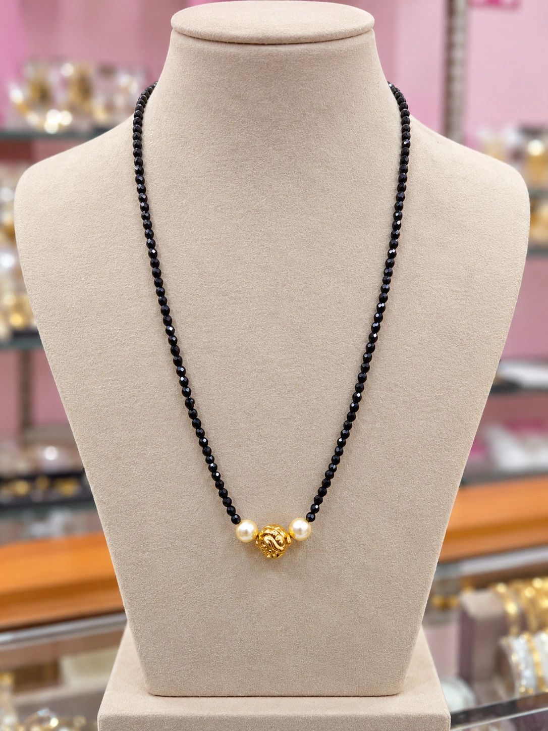 black-beaded-mangalsutra-pearl-gold-bead Black Beaded Mangalsutra with Pearl & Gold Bead - Image 1