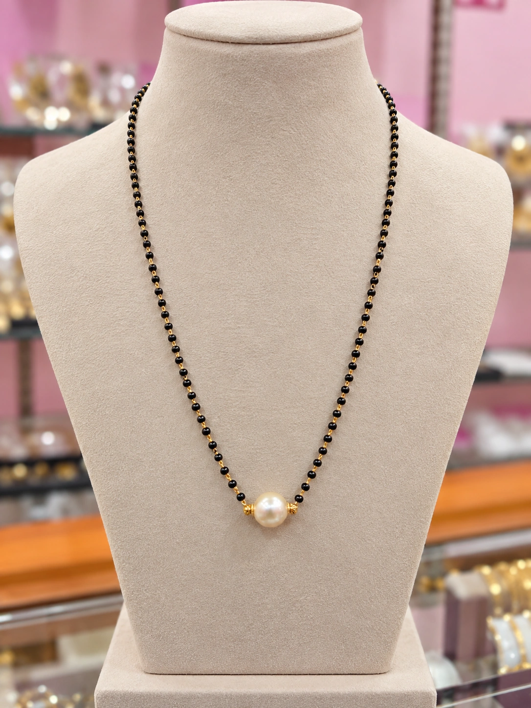black-beaded-mangalsutra-pearl-pendant Black Beaded Mangalsutra with Swaroski Pearl - Image 1