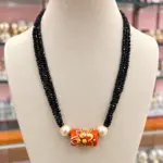 3 Line Black Beaded Chain with Designer Coral-Style Pendant