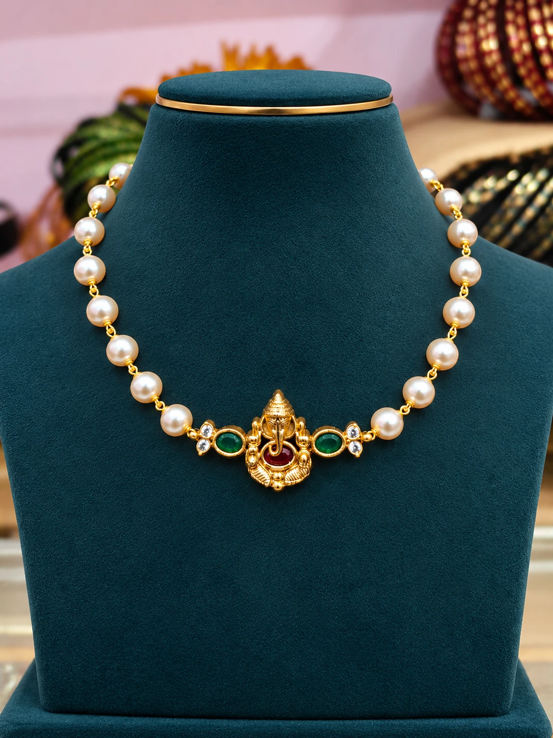 cute-ganesha-pearl-choker-gold-finish Cute Ganesha Pearl Choker – Gold Finish - Image 1