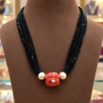 Designer Style Coral Pendant Black Beads Bunch Chain