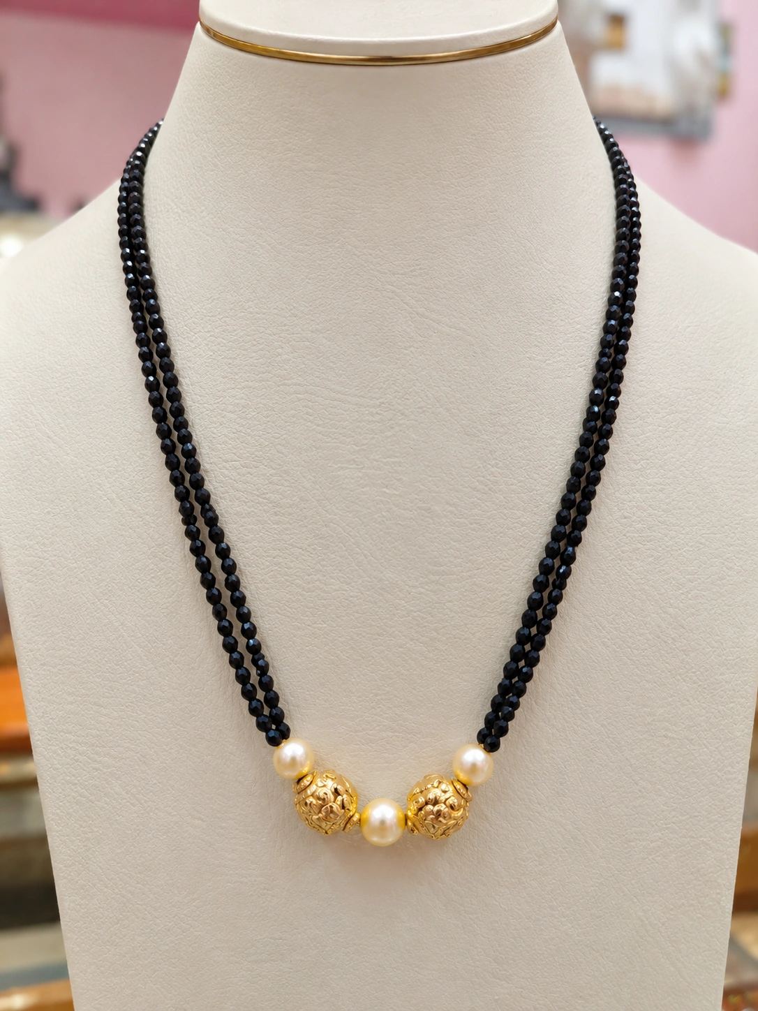double-line-black-beads-pearl-gold-bead-mangalsutra Double Line Black Beads Pearl Gold Bead Chain - Image 1