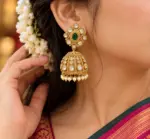 Elegant Emerald CZ Jhumka Earrings with Pearl Drops - Image 2