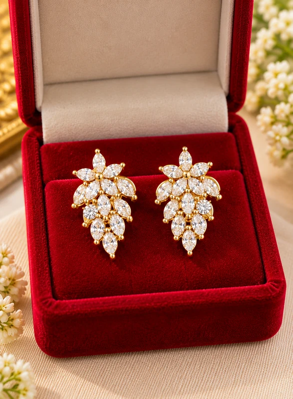 floral-leaf-cz-drop-earrings-gold-finish Floral Leaf CZ Drop Earrings - Image 1
