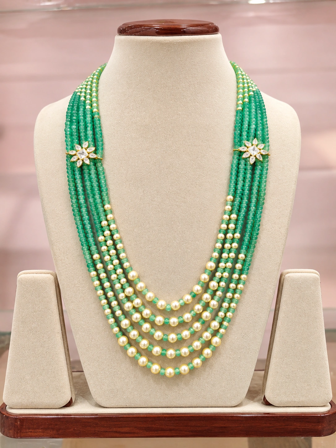 mint-green-beaded-necklace-cz-pendant Mint Green Multi Layer Beaded Chain with CZ Pendant - Image 1