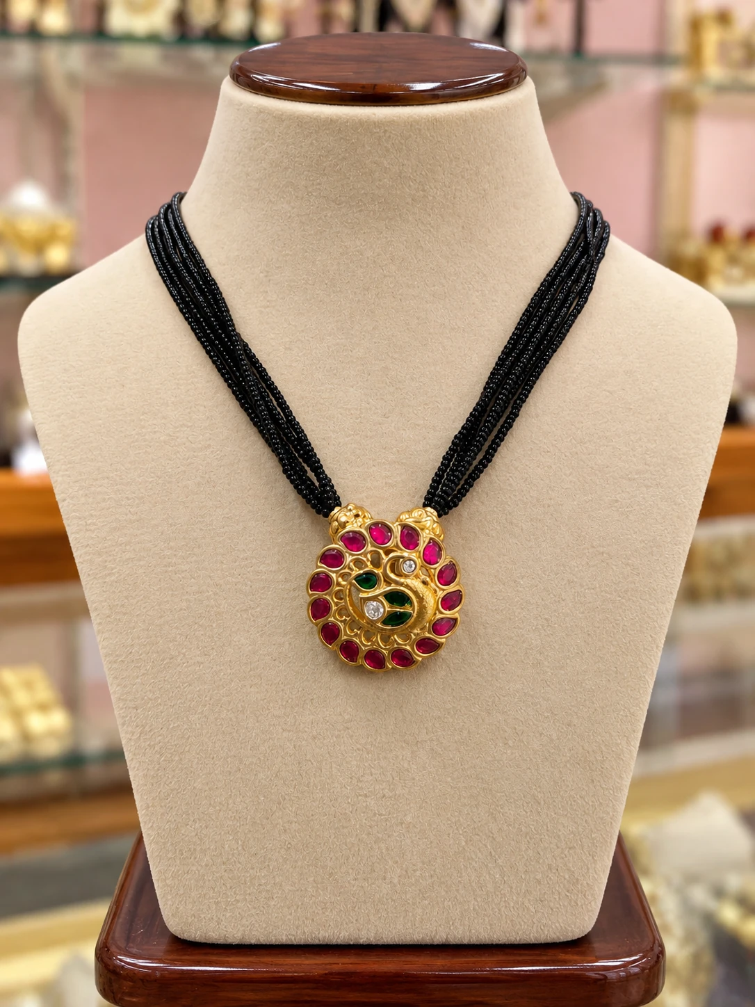 multistrand-black-beaded-peacock-pendant Multiline Black Beaded Peacock Pendant Chain - Image 1
