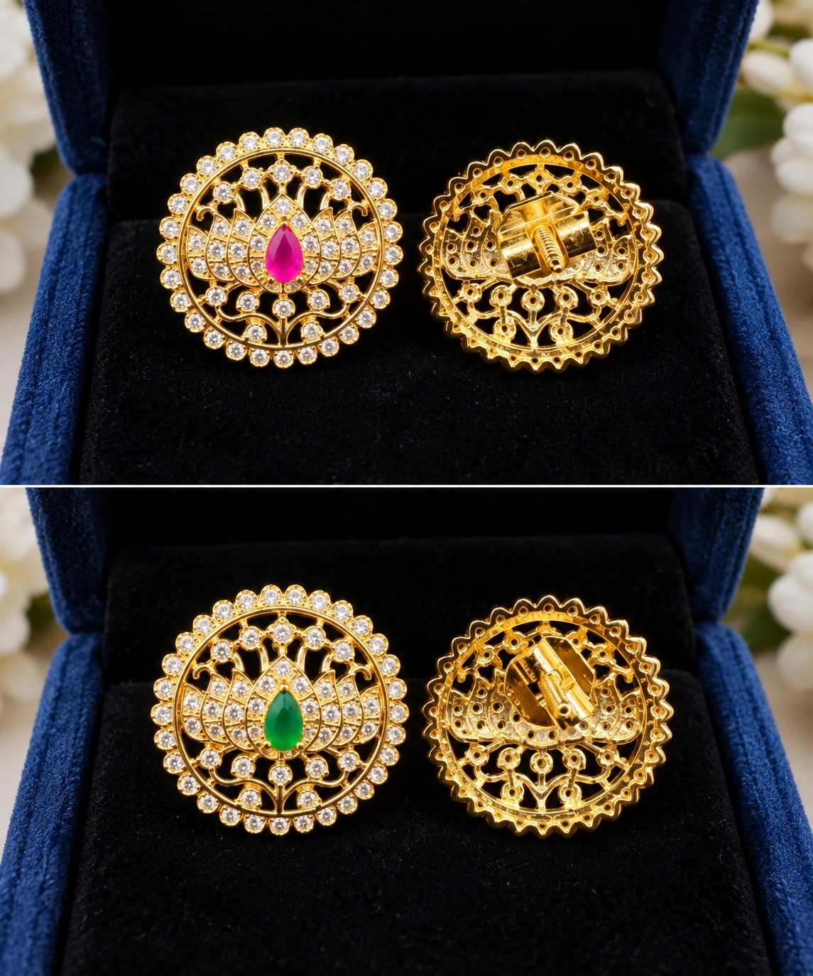 peacock-design-cz-stud-earrings-pink-green Peacock Design CZ Stud Earrings – Pink & Green Stone Variants - Image 1