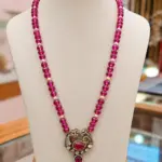 Pink Beaded Antique Peacock Pendant Necklace with CZ Stones