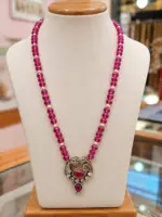 Pink Beaded Antique Peacock Pendant Necklace with CZ Stones