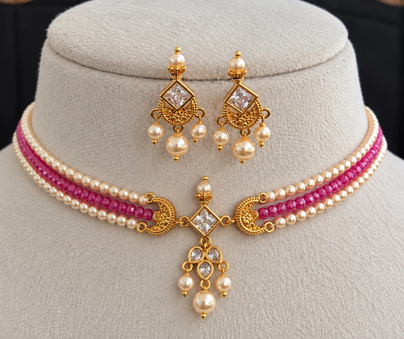 pinl-cz-beads-pearl-choker-necklace-set-with-earrings Customizable CZ Beads Pearl Choker Necklace Set with Pendant and Matching Earrings - Image 1