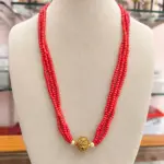 Coral Beaded Long Chain with Gold Finish Pendant