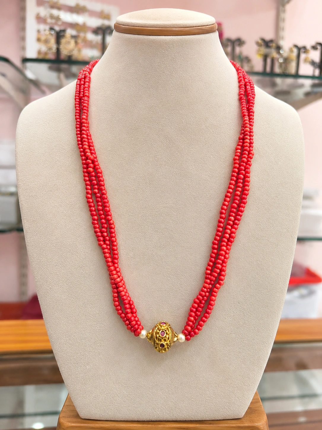 red-coral-beaded-long-necklace-gold-pendant Coral Beaded Long Chain with Gold Finish Pendant - Image 1