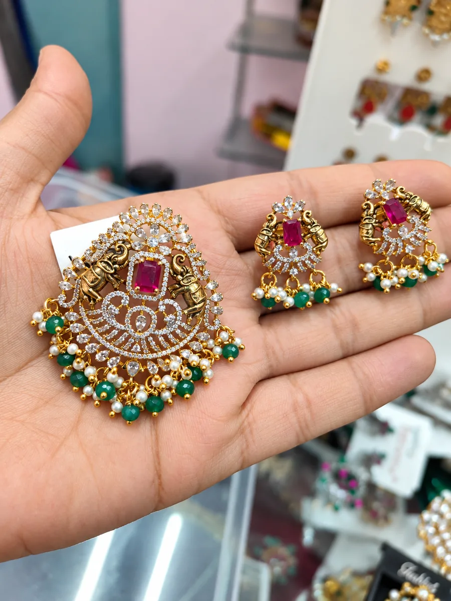 ruby-emerald-cz-temple-pendant-set Ruby & Emerald Beaded CZ Pendant Set with Matching Earrings - Image 1