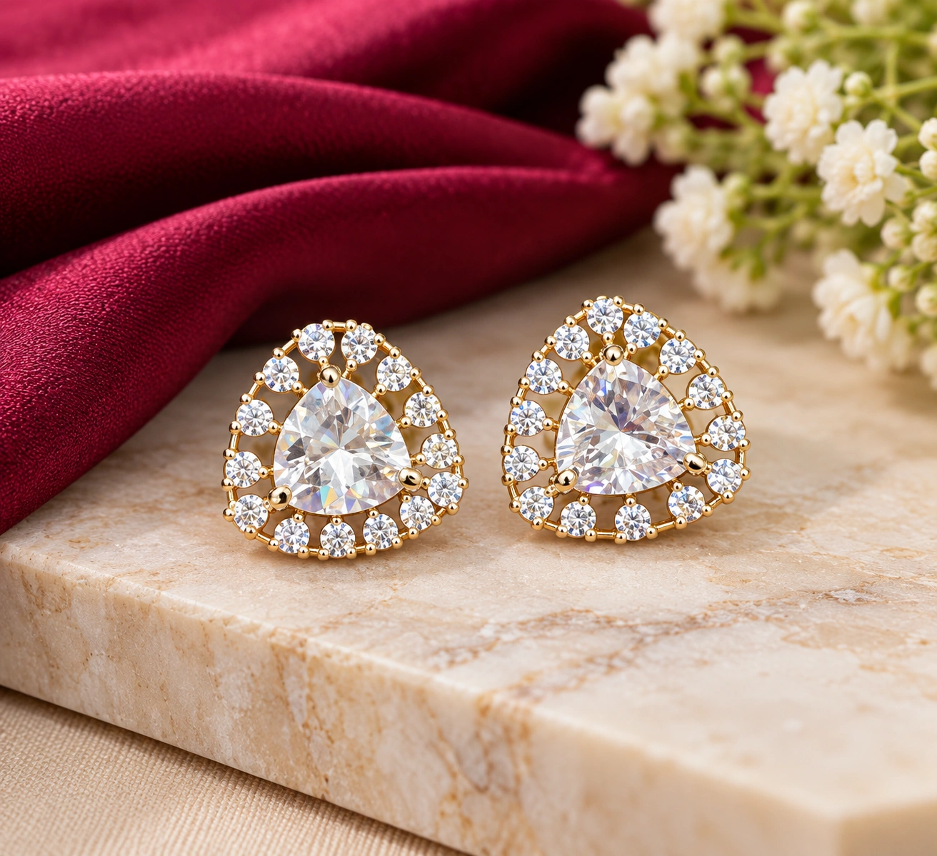 triangular-cz-stud-earrings-clear-stone-gold-finish Triangular CZ Stud Earrings – Clear Stone Gold Finish - Image 1