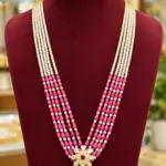5-Layer Pearl & Ruby Pink Beaded Haram Necklace with Floral CZ Pendant