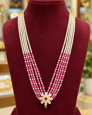 5-Layer Pearl & Ruby Pink Beaded Haram Necklace with Floral CZ Pendant