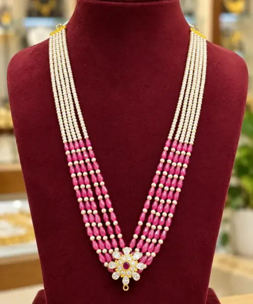5-Layer Pearl & Ruby Pink Beaded Haram Necklace with Floral CZ Pendant