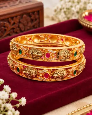 Antique Gold-Plated Lakshmi Temple Kada Bangles with Ruby, Emerald & American Diamond Stones